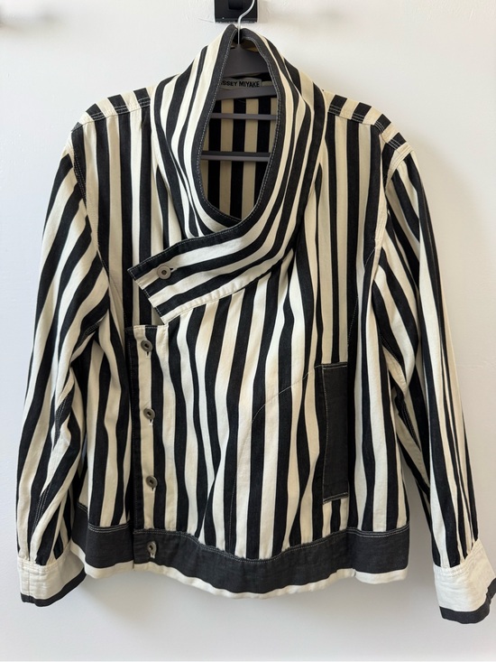 Issey Miyake Jackets & Blazers - Issey Miyake Black & Cream Vertical Stripe Asymmetric Jacket